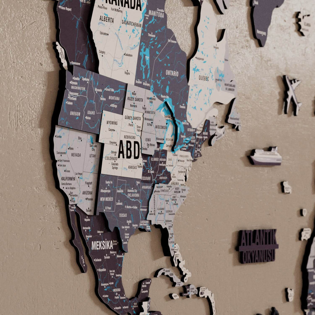 Renkli Baskılı 3D Ahşap Dünya Haritası (Nimbus)