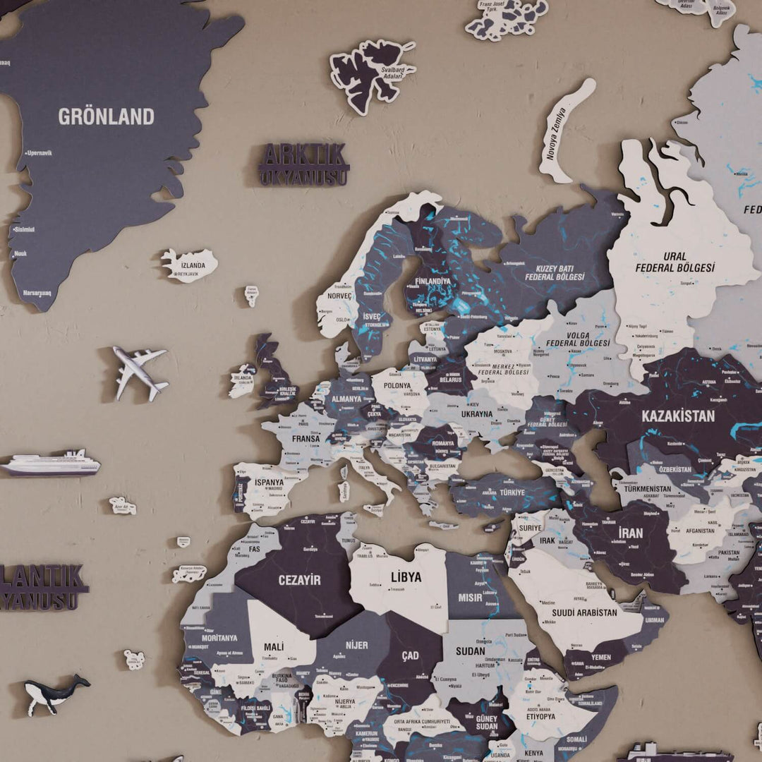 Renkli Baskılı 3D Ahşap Dünya Haritası (Nimbus)