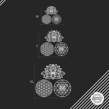 Mandala, Sri Yantra ve Yaşam Çiçeği 3'lü metal set boyut şeması: Medium, Large ve X-Large