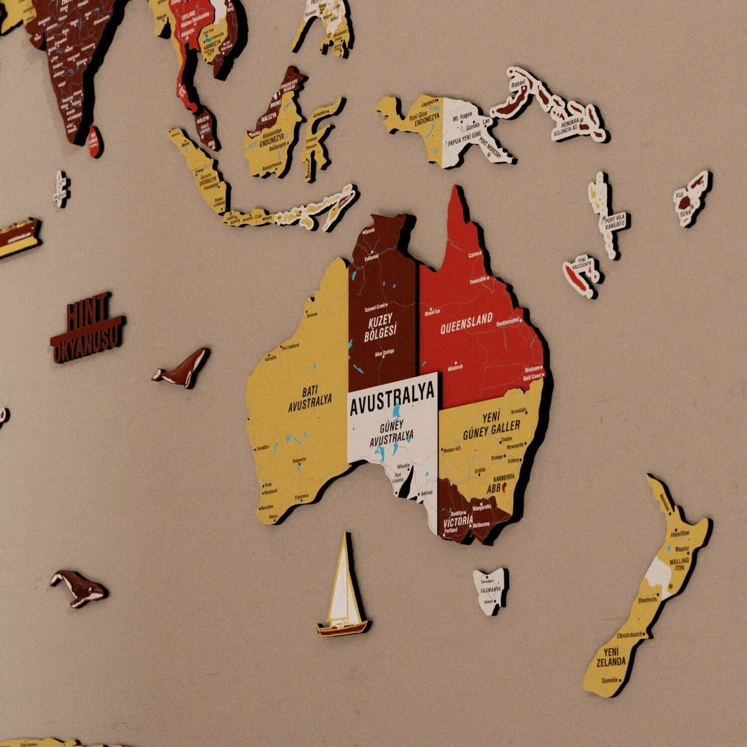 Renkli Baskılı 3D Ahşap Dünya Haritası (Terracotta)