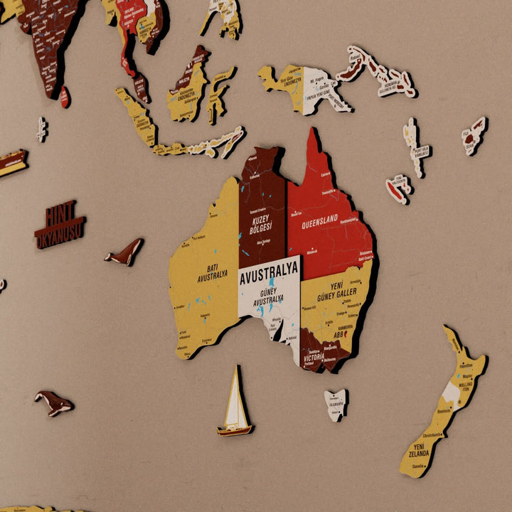Renkli Baskılı 3D Ahşap Dünya Haritası (Terracotta)