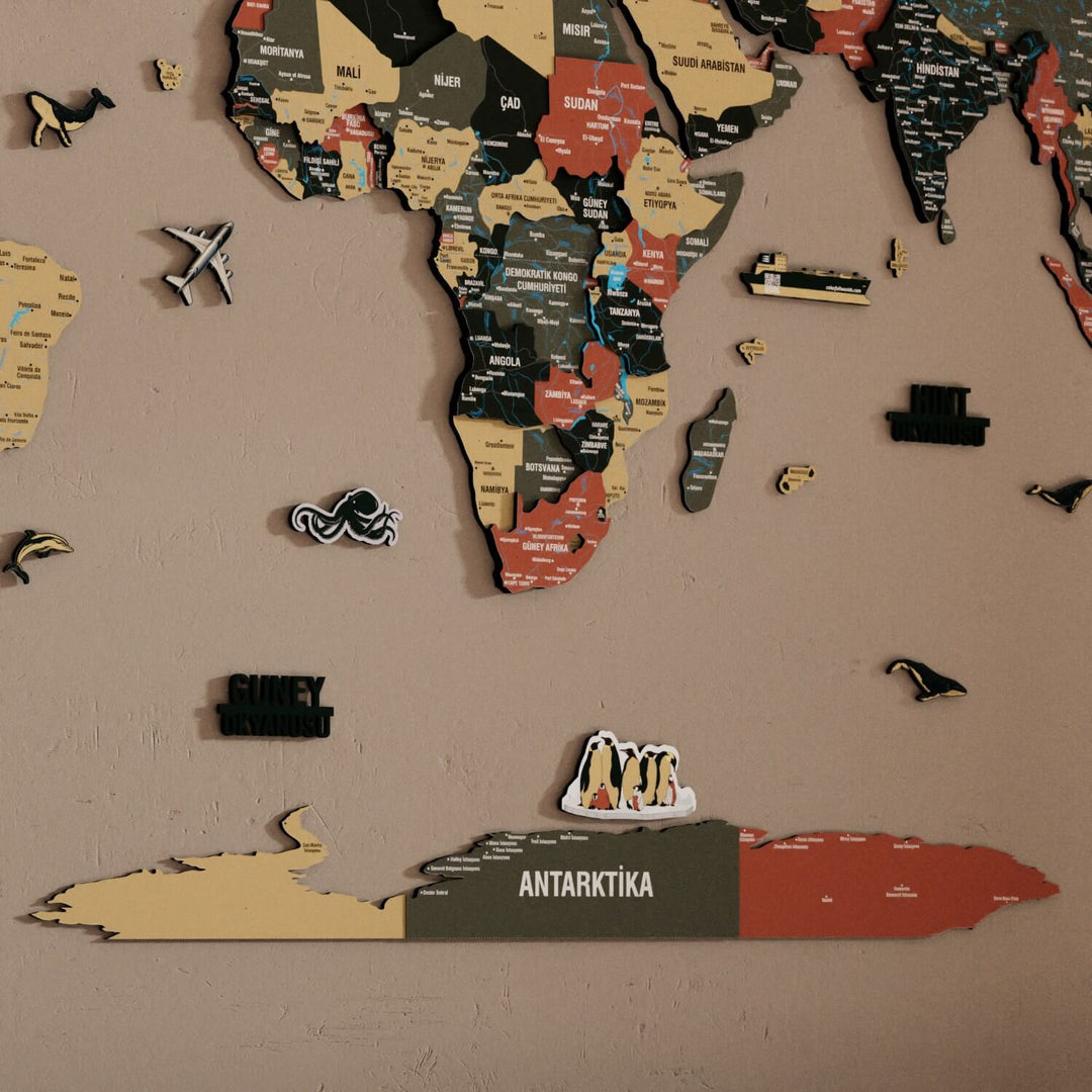 Renkli Baskılı 3D Ahşap Dünya Haritası (Sage)