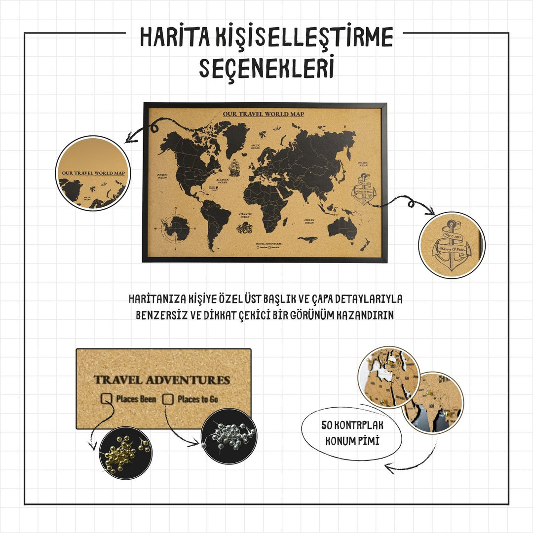 Mantar Pano Ahşap Dünya Haritası - Çerçevesiz Siyah Duvar Dekoru