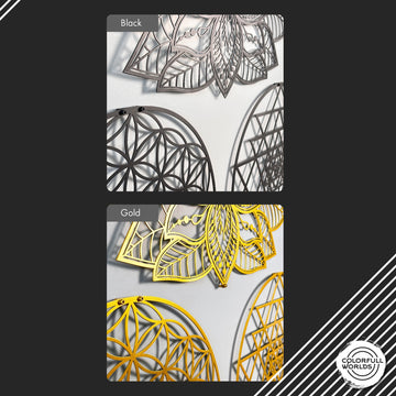 Metal Mandala setinin siyah ve altın renk seçeneklerinin yan yana karşılaştırması