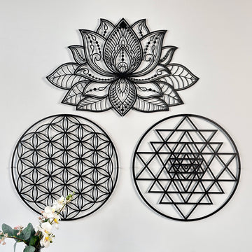 Siyah metal Mandala, Yaşam Çiçeği ve Sri Yantra seti, X-Large boy, geniş çerçeve