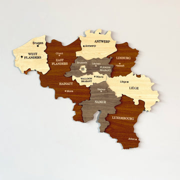 Çok katmanlı Belçika ahşap duvar haritası, Flanders, Hainaut ve Liège bölgeleri, düz duvarda