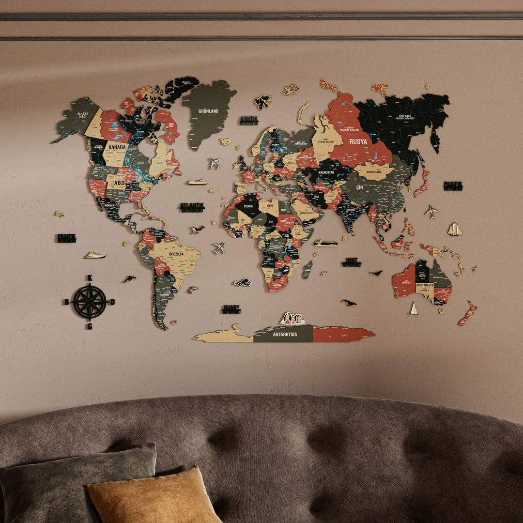 Renkli Baskılı 3D Ahşap Dünya Haritası (Sage)