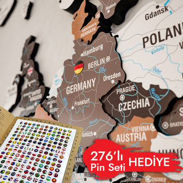Soil ahşap dünya haritasında Almanya ve Polonya, köşede ülke bayraklı 276'lı pin seti
