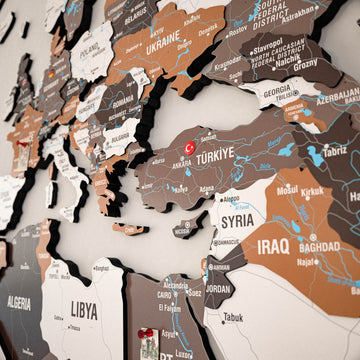 Soil ahşap dünya haritasında Türkiye, Suriye, Irak ve Libya bölgesi yakın çekim