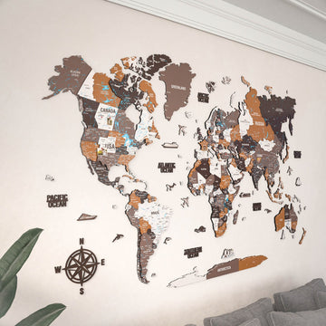 Soil renkli baskılı ahşap dünya haritası, 240x150 cm, ülke katmanları ve pusula yakın görünüm