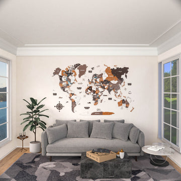 Soil renkli baskılı ahşap dünya haritası, 300x187 cm, geniş pencereli salonda kanepenin üst tarafındaki duvarda