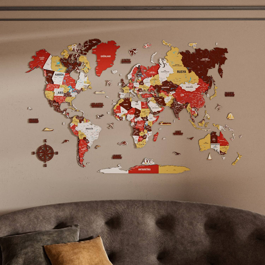 Renkli Baskılı 3D Ahşap Dünya Haritası (Terracotta)