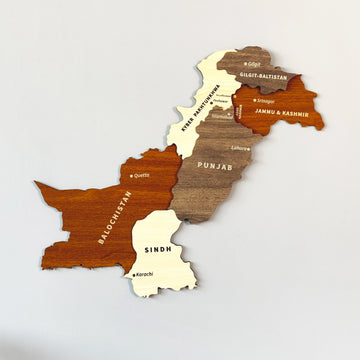 Pakistan ahşap duvar haritası, çok renkli 3 boyutlu katmanlı tasarım, 40x35 cm, düz önden görünüm