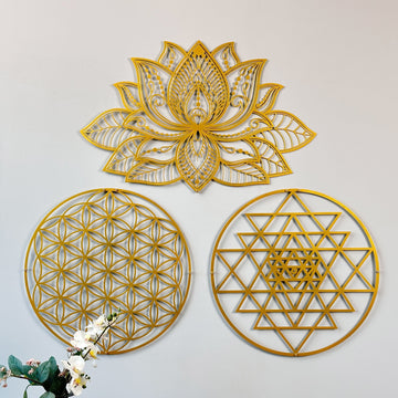 Altın Mandala, Yaşam Çiçeği ve Sri Yantra metal tablo seti, X-Large boy, çok yakın kadraj