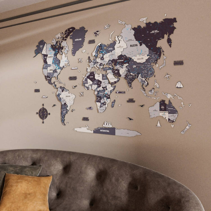 Renkli Baskılı 3D Ahşap Dünya Haritası (Nimbus)