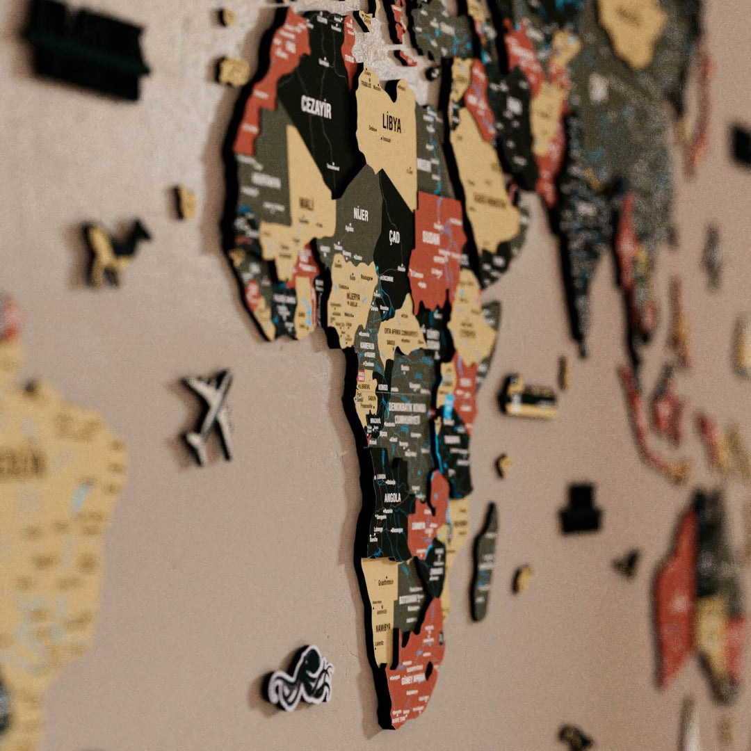 Renkli Baskılı 3D Ahşap Dünya Haritası (Sage)