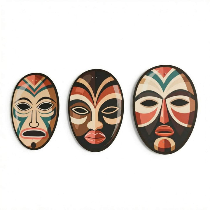 Afrika Maskeleri 3'lü Metal Tablo Seti - UV Baskılı  Duvar Dekoru