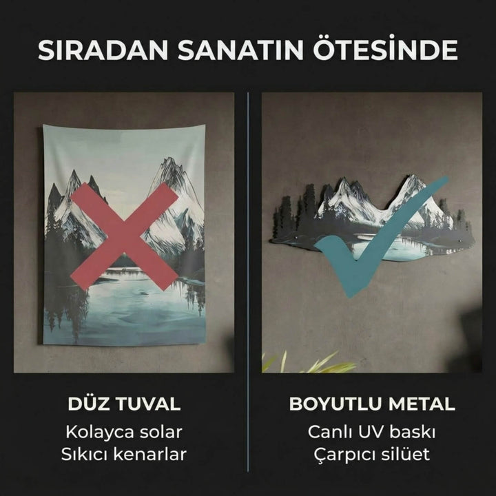 Dağ ve Nehir Manzaralı UV Baskı Metal Tablo - Modern Doğa Duvar Dekoru