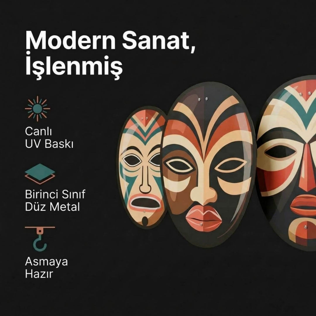 Afrika Maskeleri 3'lü Metal Tablo Seti - UV Baskılı  Duvar Dekoru