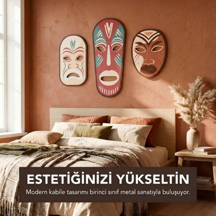 Kabile Maskeleri 3'lü Metal Tablo Seti - UV Baskılı Duvar Dekoru