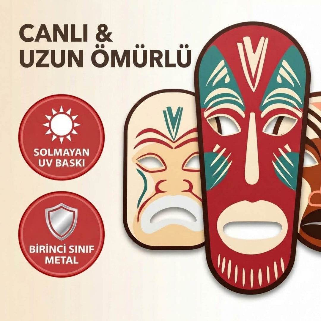 Kabile Maskeleri 3'lü Metal Tablo Seti - UV Baskılı Duvar Dekoru