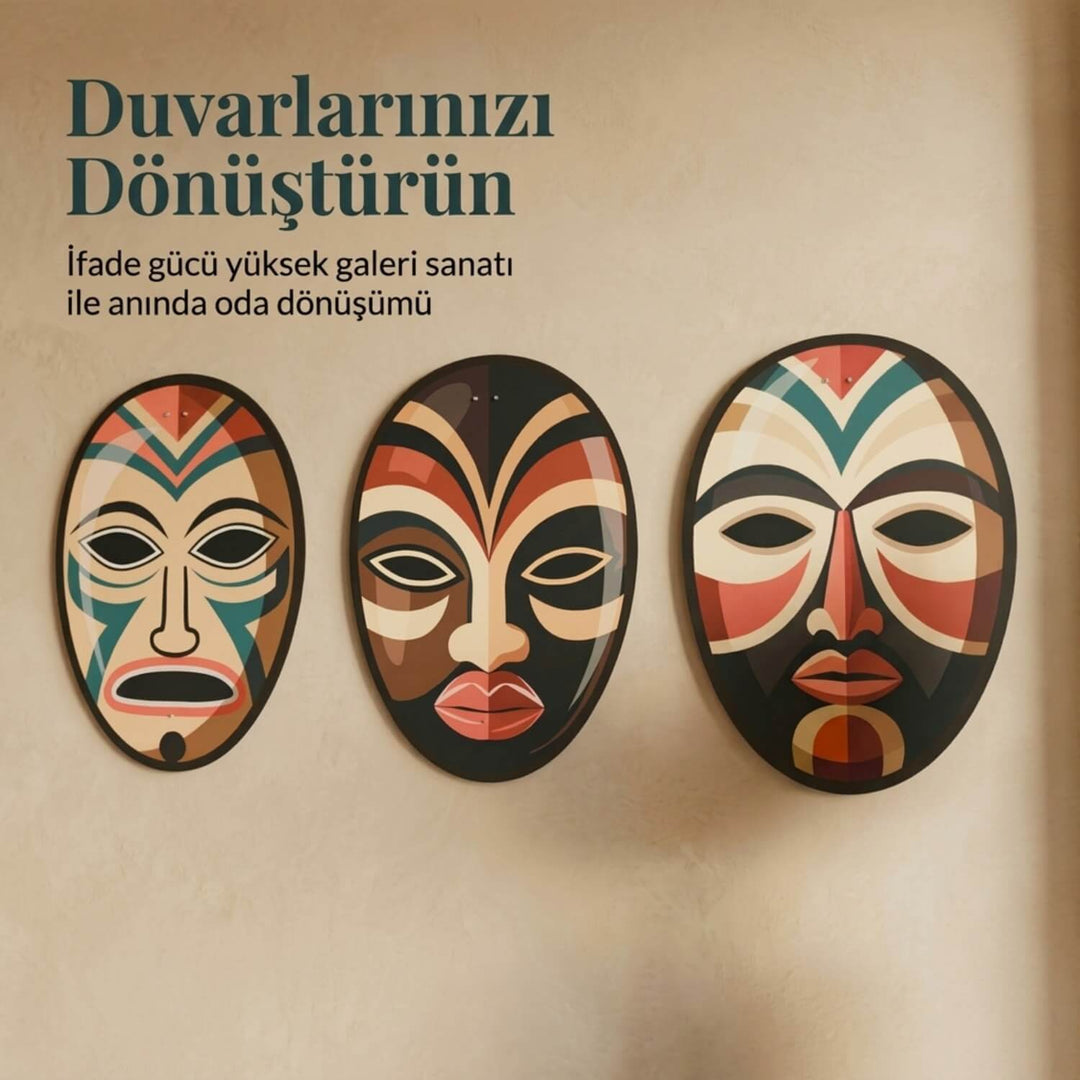 Afrika Maskeleri 3'lü Metal Tablo Seti - UV Baskılı  Duvar Dekoru