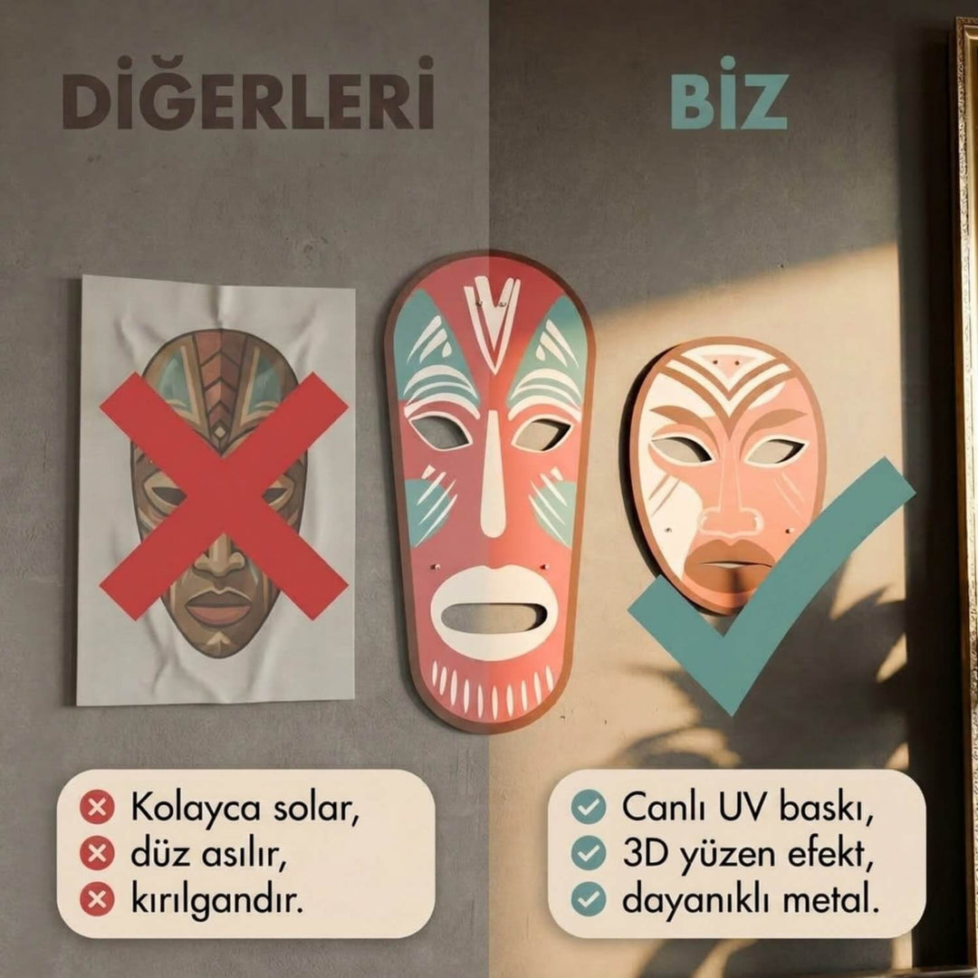 Kabile Maskeleri 3'lü Metal Tablo Seti - UV Baskılı Duvar Dekoru