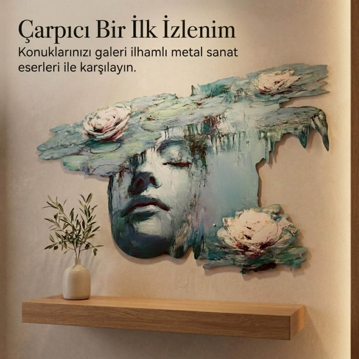Nilüferler ve Kadın Metal Tablo - UV Baskılı Modern Duvar Dekoru