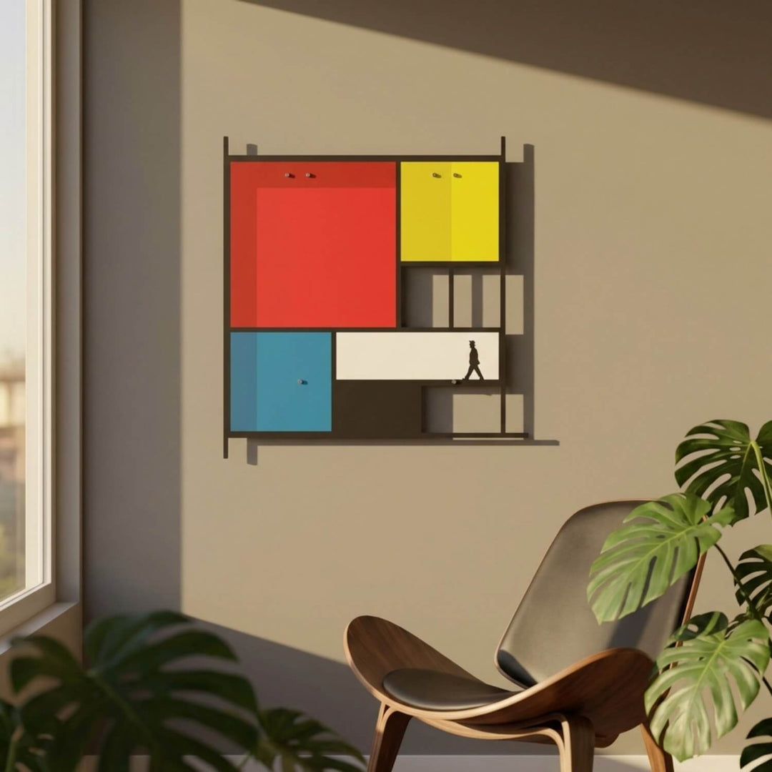 Mondrian Tarzı Soyut Metal Tablo - Geometrik Renkli Bloklar & Silüet