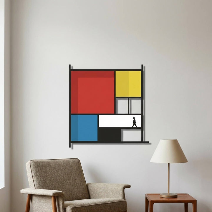 Mondrian Tarzı Soyut Metal Tablo - Geometrik Renkli Bloklar & Silüet