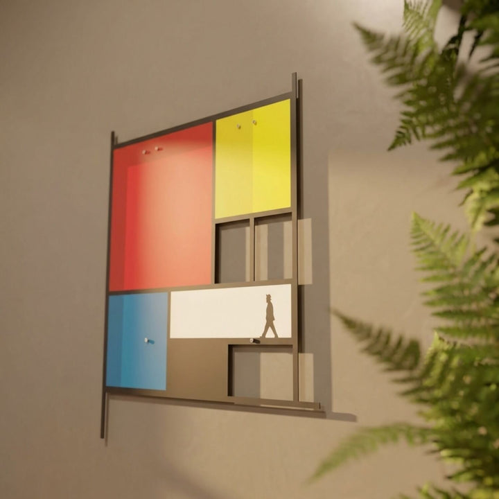 Mondrian Tarzı Soyut Metal Tablo - Geometrik Renkli Bloklar & Silüet