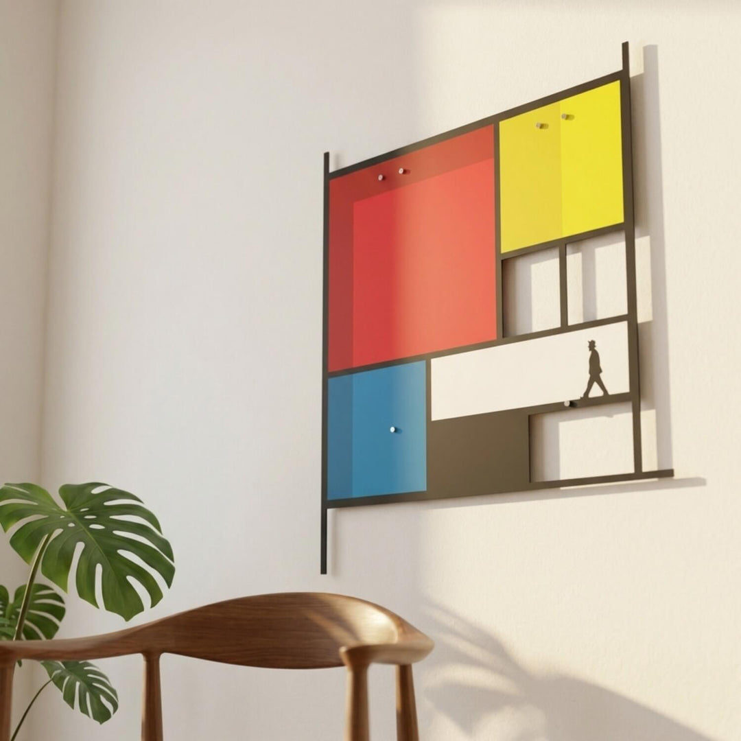 Mondrian Tarzı Soyut Metal Tablo - Geometrik Renkli Bloklar & Silüet