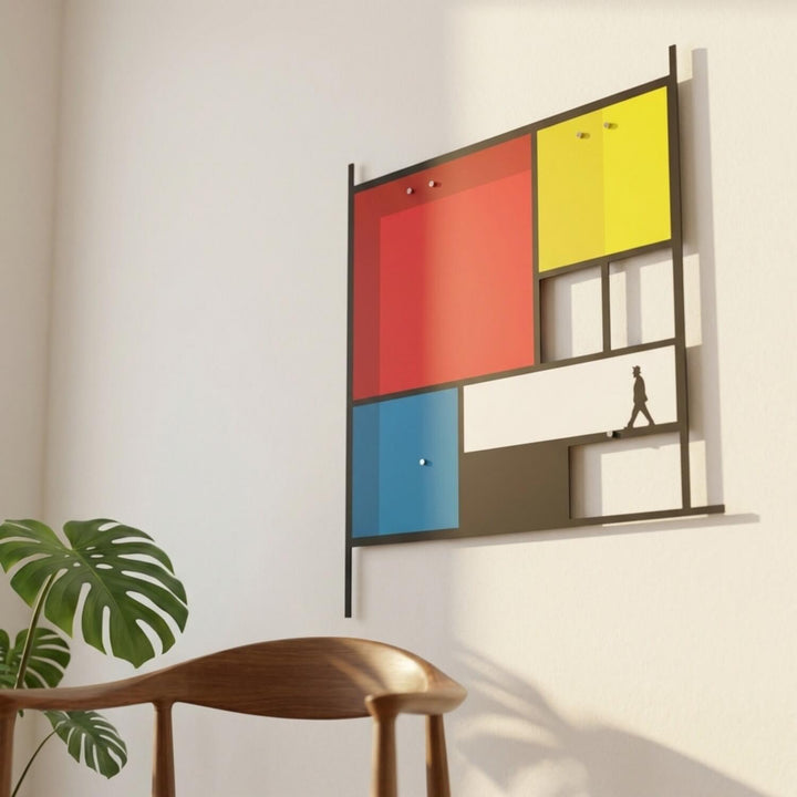 Mondrian Tarzı Soyut Metal Tablo - Geometrik Renkli Bloklar & Silüet