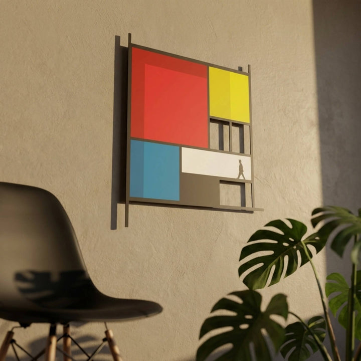 Mondrian Tarzı Soyut Metal Tablo - Geometrik Renkli Bloklar & Silüet