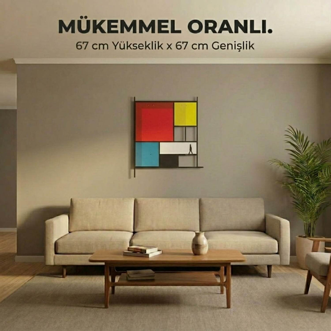 Mondrian Tarzı Soyut Metal Tablo - Geometrik Renkli Bloklar & Silüet