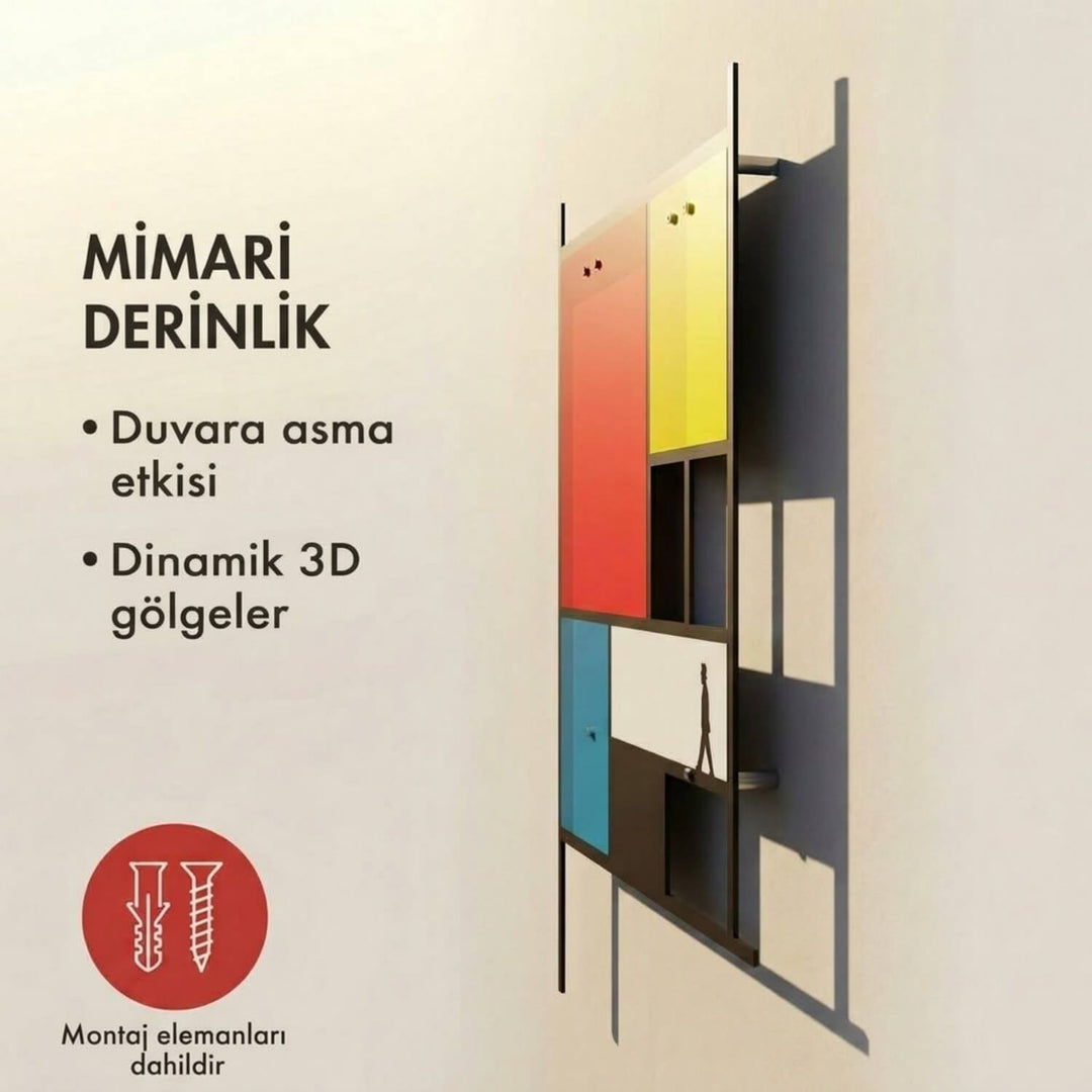 Mondrian Tarzı Soyut Metal Tablo - Geometrik Renkli Bloklar & Silüet