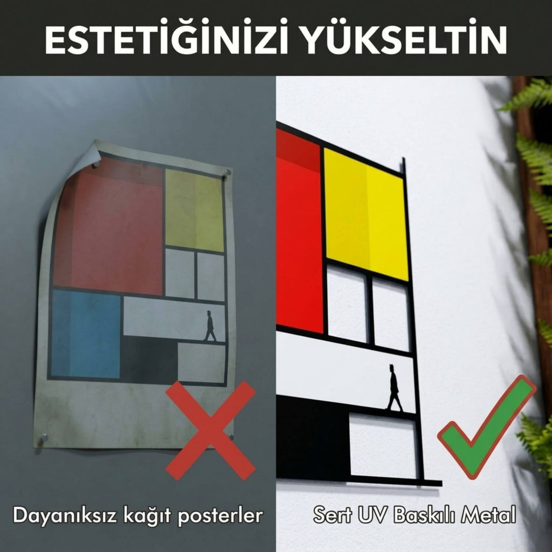 Mondrian Tarzı Soyut Metal Tablo - Geometrik Renkli Bloklar & Silüet