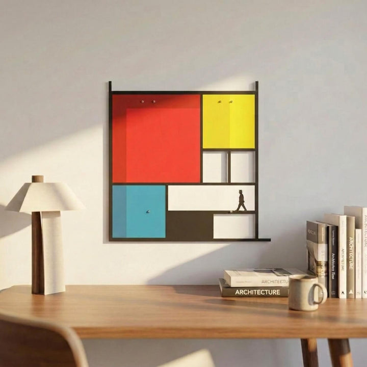 Mondrian Tarzı Soyut Metal Tablo - Geometrik Renkli Bloklar & Silüet