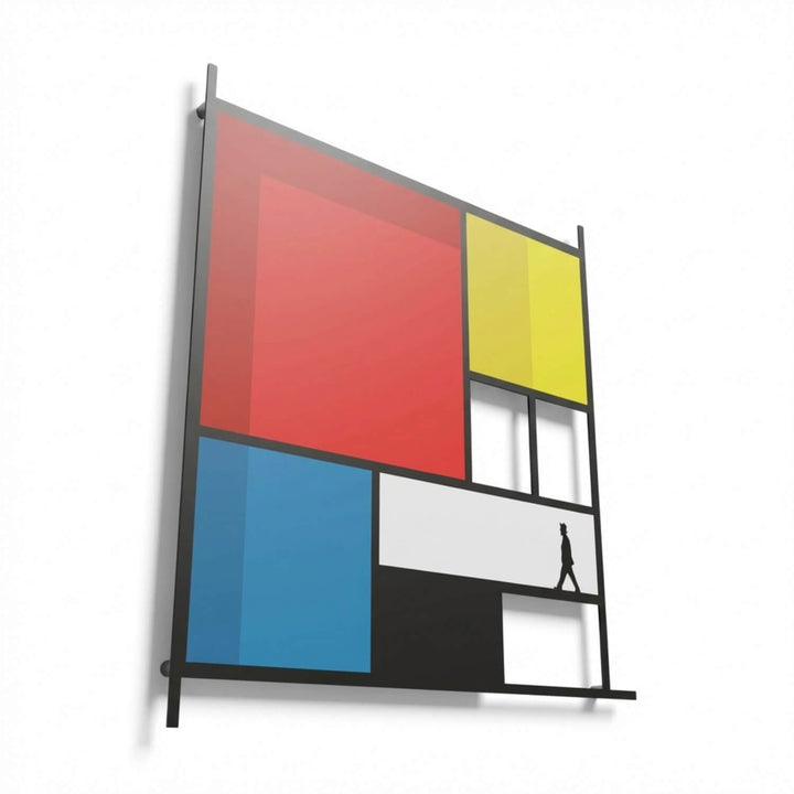 Mondrian Tarzı Soyut Metal Tablo - Geometrik Renkli Bloklar & Silüet