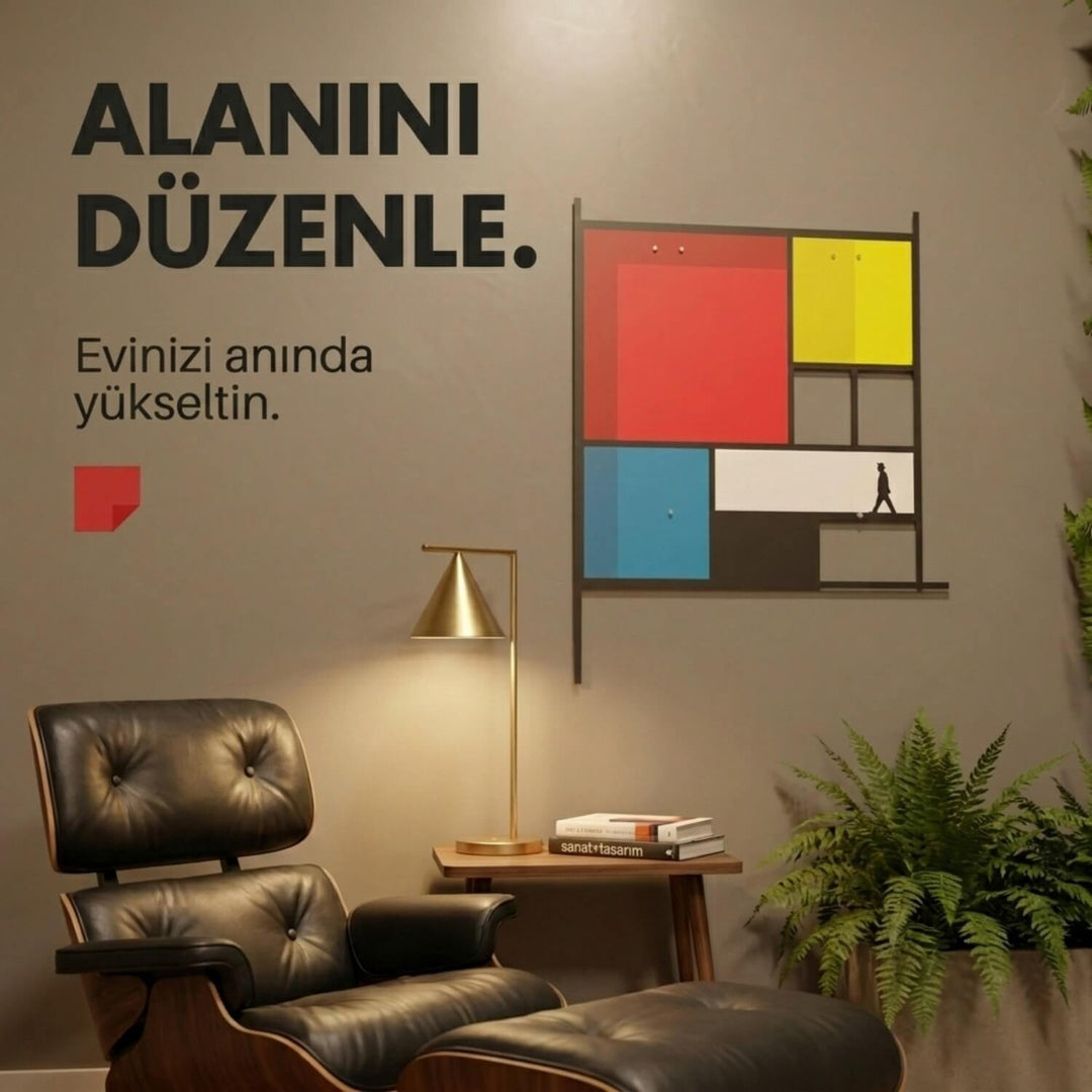 Mondrian Tarzı Soyut Metal Tablo - Geometrik Renkli Bloklar & Silüet