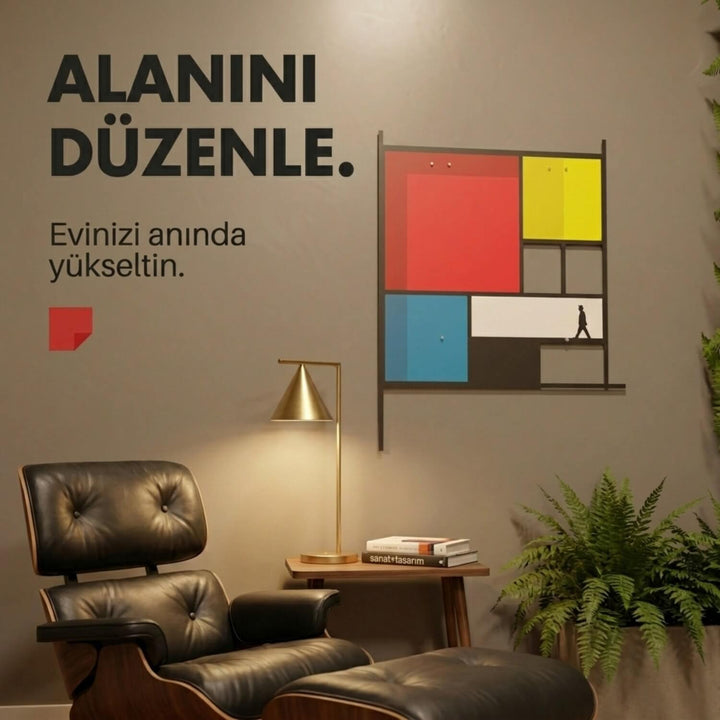 Mondrian Tarzı Soyut Metal Tablo - Geometrik Renkli Bloklar & Silüet