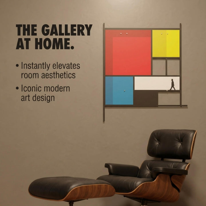 Mondrian Tarzı Soyut Metal Tablo - Geometrik Renkli Bloklar & Silüet