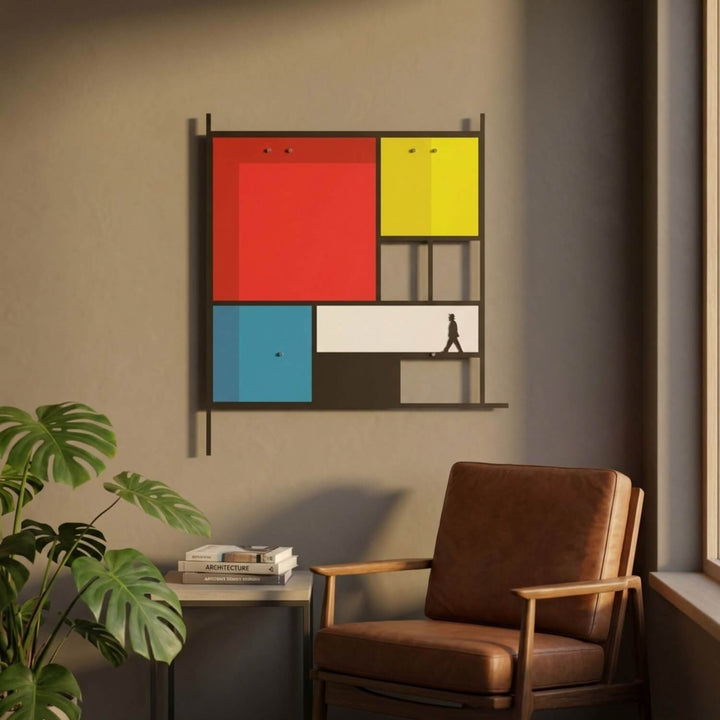 Mondrian Tarzı Soyut Metal Tablo - Geometrik Renkli Bloklar & Silüet