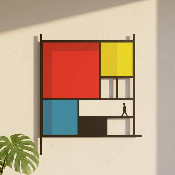 Mondrian Tarzı Soyut Metal Tablo - Geometrik Renkli Bloklar & Silüet