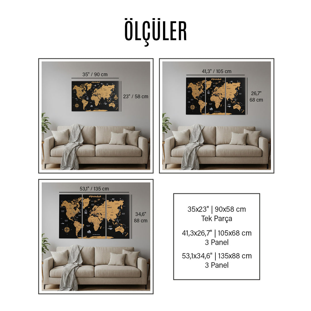 3 Parçalı Mantar Pano Dünya Haritası - Çerçeveli Modern Duvar Dekoru