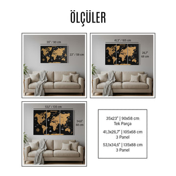 Mantar pano dünya haritası ölçüleri: 90x58 cm tek parça, 105x68 cm ve 135x88 cm 3 panel