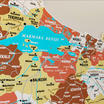 Terracotta Türkiye haritası metal panonun Marmara Denizi ve çevre illeri, yakın çekim detay