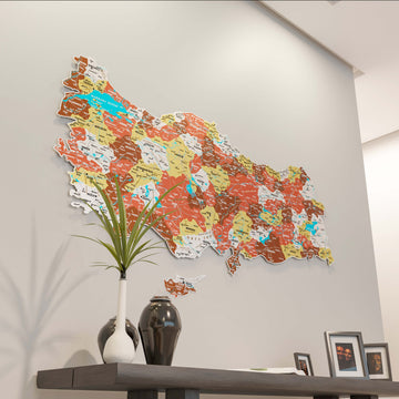 Terracotta Türkiye il haritası metal pano, soldaki vazo ve bitkiyle yakın oda planı