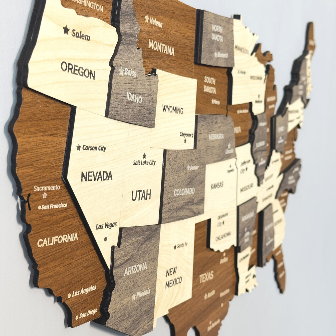 ABD haritasında Oregon, Nevada, Utah ve California eyaletlerinin yandan ahşap katman detayı