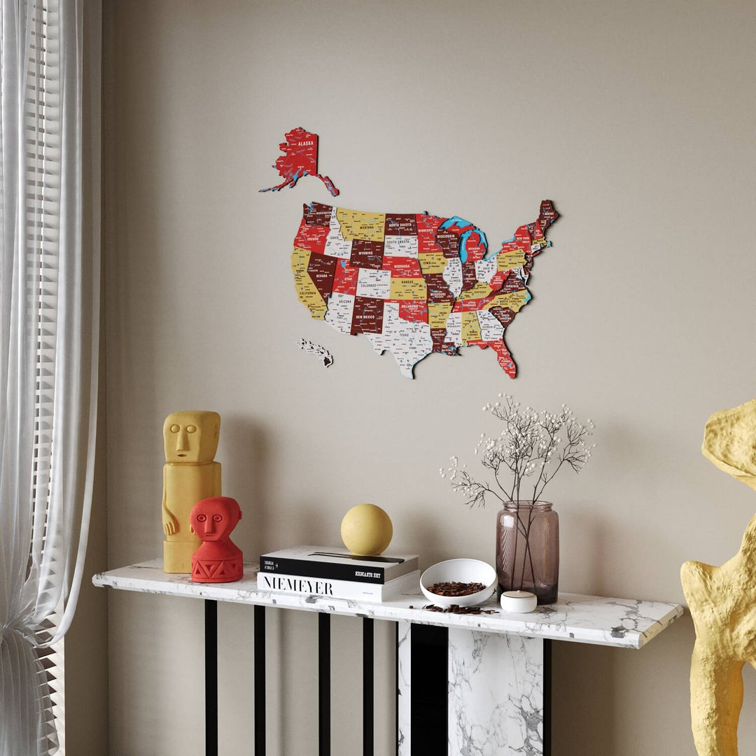 ABD Eyalet Haritası - Ahşap UV Baskı Detaylı Duvar Dekoru | Terracotta